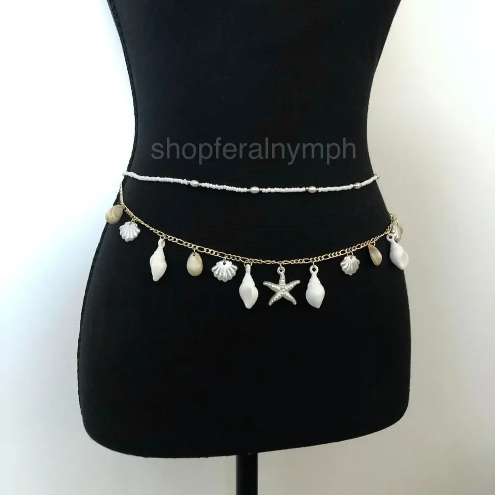 Mermaidcore Gold Shell Starfish Layered Chain Belt, Up to 33.5 Inches, X7GA1156